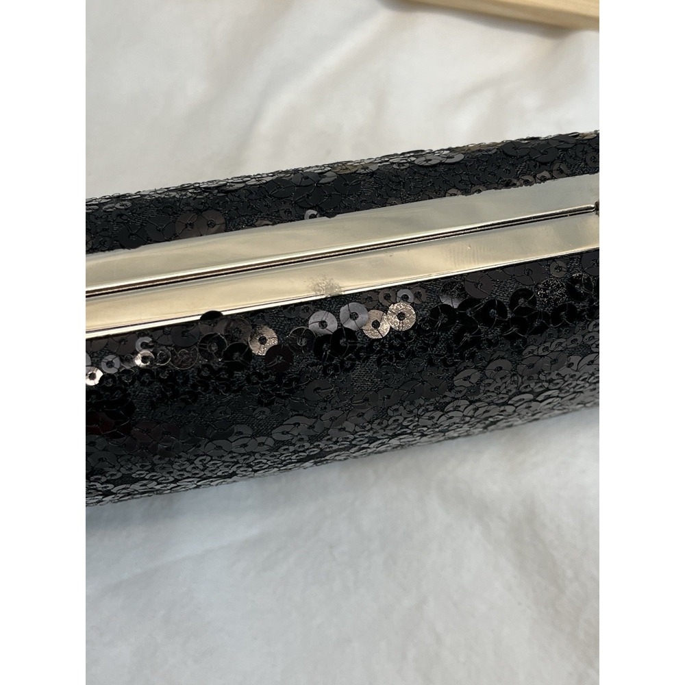 WHBM White‎ House Black Market Sequin Evening Hinged Clutch w Chain Strap  Black - Picture 6 of 8